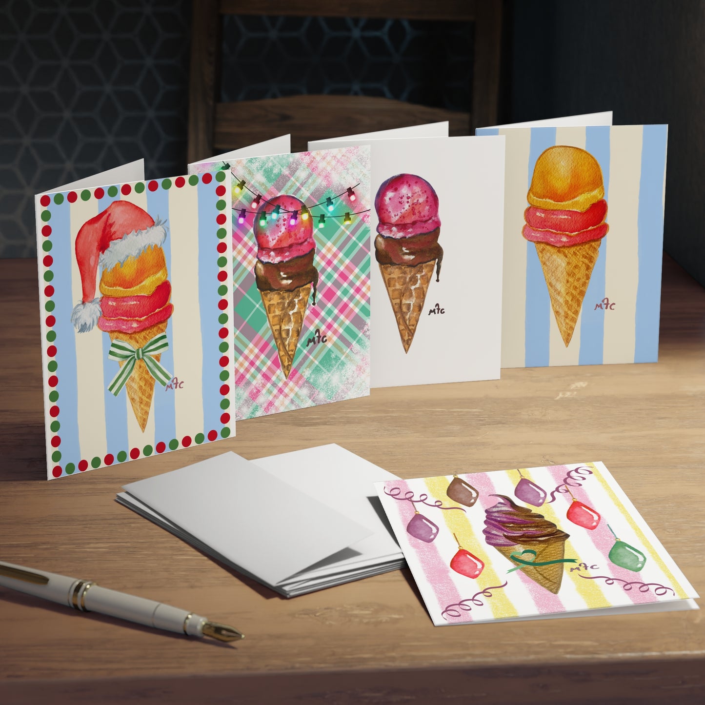 Ice Cream Holiday Greeting Cards — 5-Pack Assorted Scoops (Blank Inside)