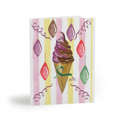 Retro-Striped Christmas Ice Cream Cone Greeting Cards – Pack of 8/16/24, Whimsical Striped Sweet Treat Note Cards