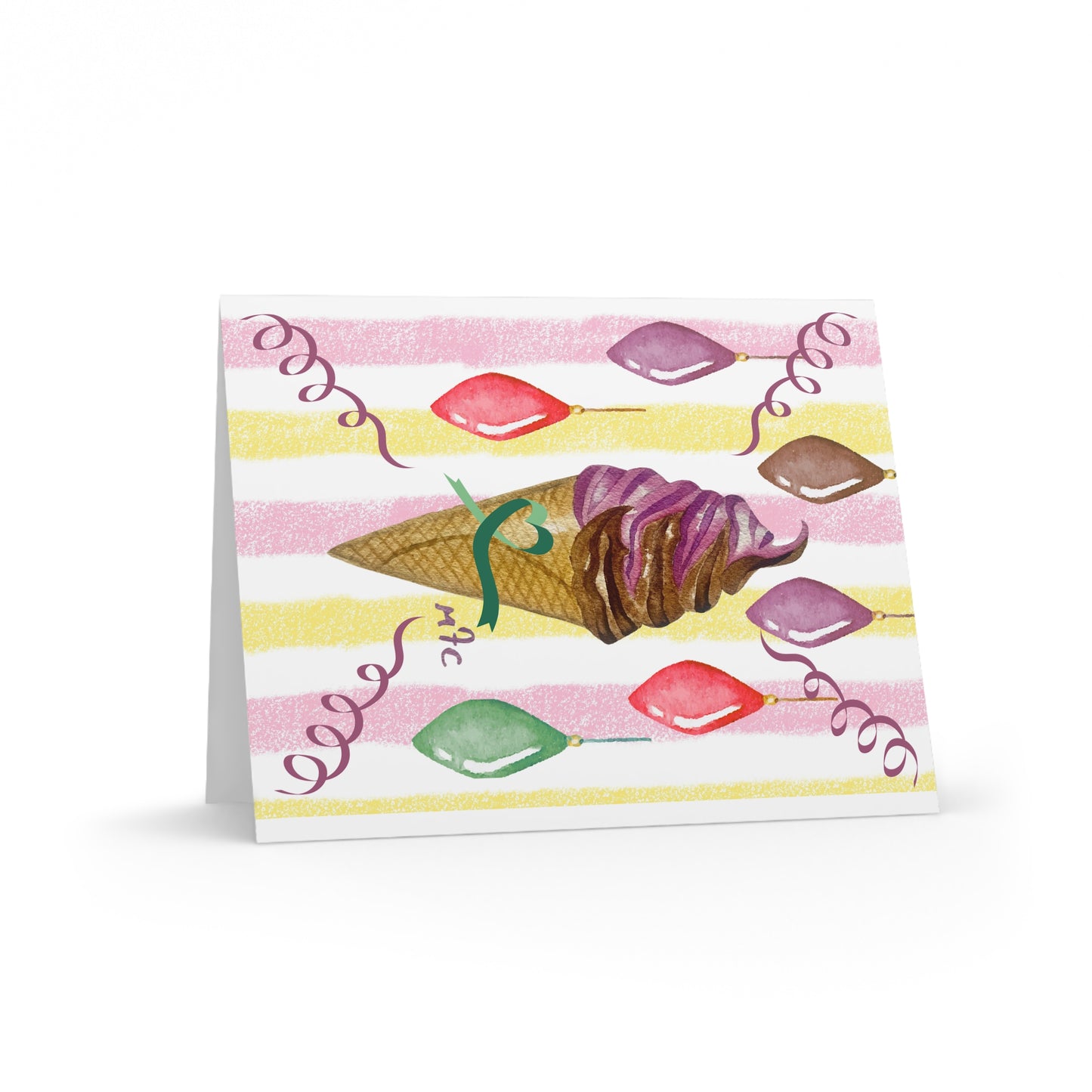 Retro-Striped Christmas Ice Cream Cone Greeting Cards – Pack of 8/16/24, Whimsical Striped Sweet Treat Note Cards
