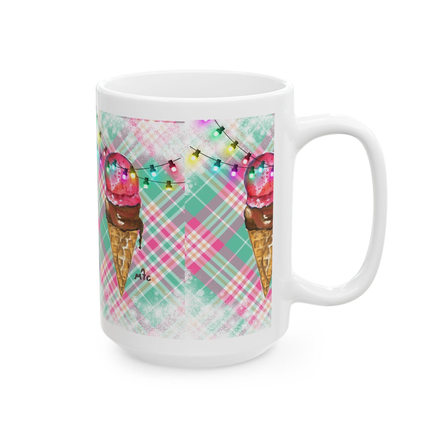 Merry & Bright Whimsical Ice Cream Cone Christmas Ceramic Mug | Cute Coffee Cup | Gift for Ice Cream Lovers | Summer Vibes | Fun Home Decor | 11oz, 15oz