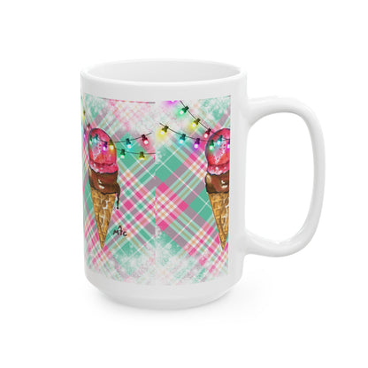 Merry & Bright Whimsical Ice Cream Cone Christmas Ceramic Mug | Cute Coffee Cup | Gift for Ice Cream Lovers | Summer Vibes | Fun Home Decor | 11oz, 15oz