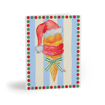 Holiday Ice Cream Cone Greeting Cards — Festive Santa Hat Design (8/16/24 Pack)