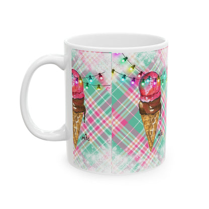 Merry & Bright Whimsical Ice Cream Cone Christmas Ceramic Mug | Cute Coffee Cup | Gift for Ice Cream Lovers | Summer Vibes | Fun Home Decor | 11oz, 15oz