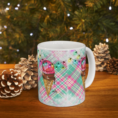 Merry & Bright Whimsical Ice Cream Cone Christmas Ceramic Mug | Cute Coffee Cup | Gift for Ice Cream Lovers | Summer Vibes | Fun Home Decor | 11oz, 15oz