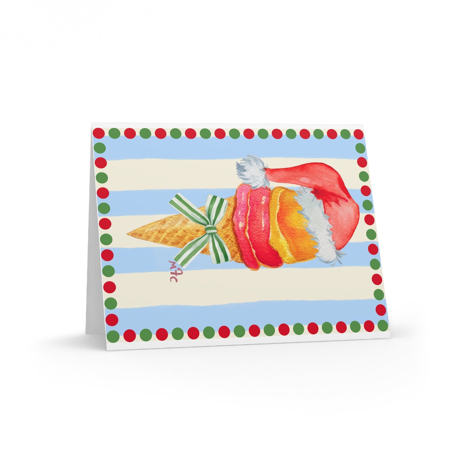 Holiday Ice Cream Cone Greeting Cards — Festive Santa Hat Design (8/16/24 Pack)