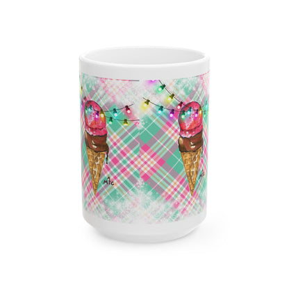 Merry & Bright Whimsical Ice Cream Cone Christmas Ceramic Mug | Cute Coffee Cup | Gift for Ice Cream Lovers | Summer Vibes | Fun Home Decor | 11oz, 15oz
