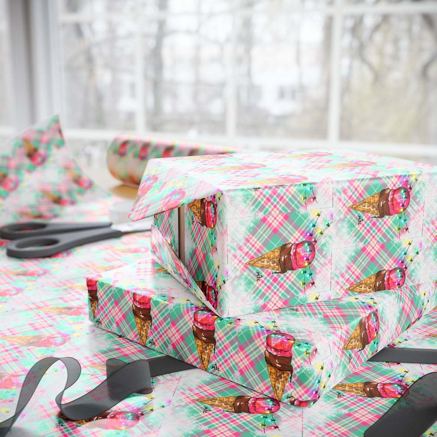 Merry & Bright Whimsical Ice Cream Cone Christmas Wrapping Paper