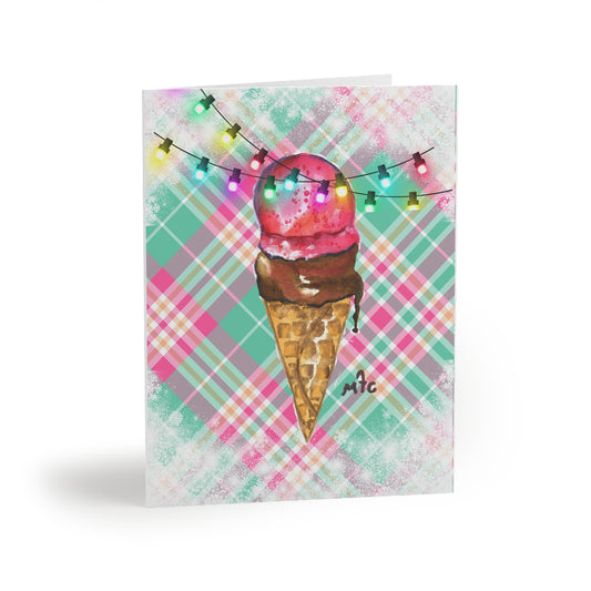 Ice Cream Cone Christmas Holiday Greeting Cards — Pack of 8/16/24, Festive Lights Plaid Note Cards