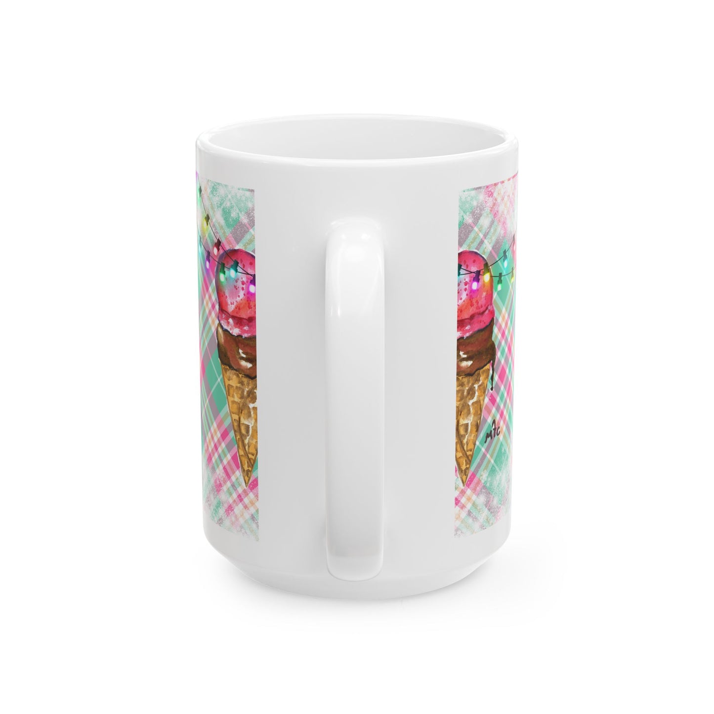 Merry & Bright Whimsical Ice Cream Cone Christmas Ceramic Mug | Cute Coffee Cup | Gift for Ice Cream Lovers | Summer Vibes | Fun Home Decor | 11oz, 15oz