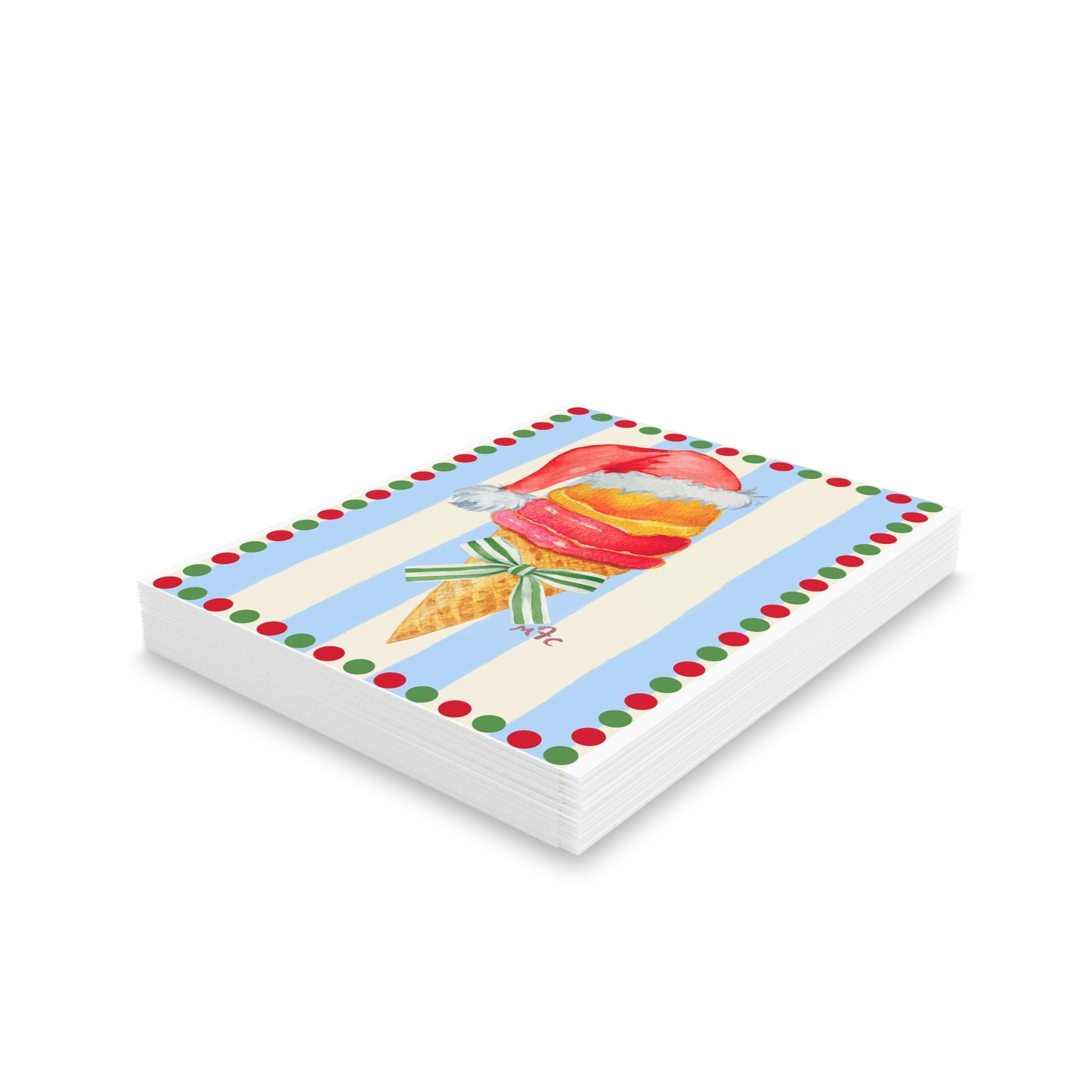 Holiday Ice Cream Cone Greeting Cards — Festive Santa Hat Design (8/16/24 Pack)