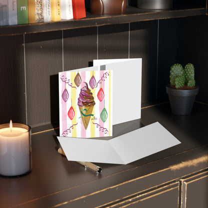 Retro-Striped Christmas Ice Cream Cone Greeting Cards – Pack of 8/16/24, Whimsical Striped Sweet Treat Note Cards