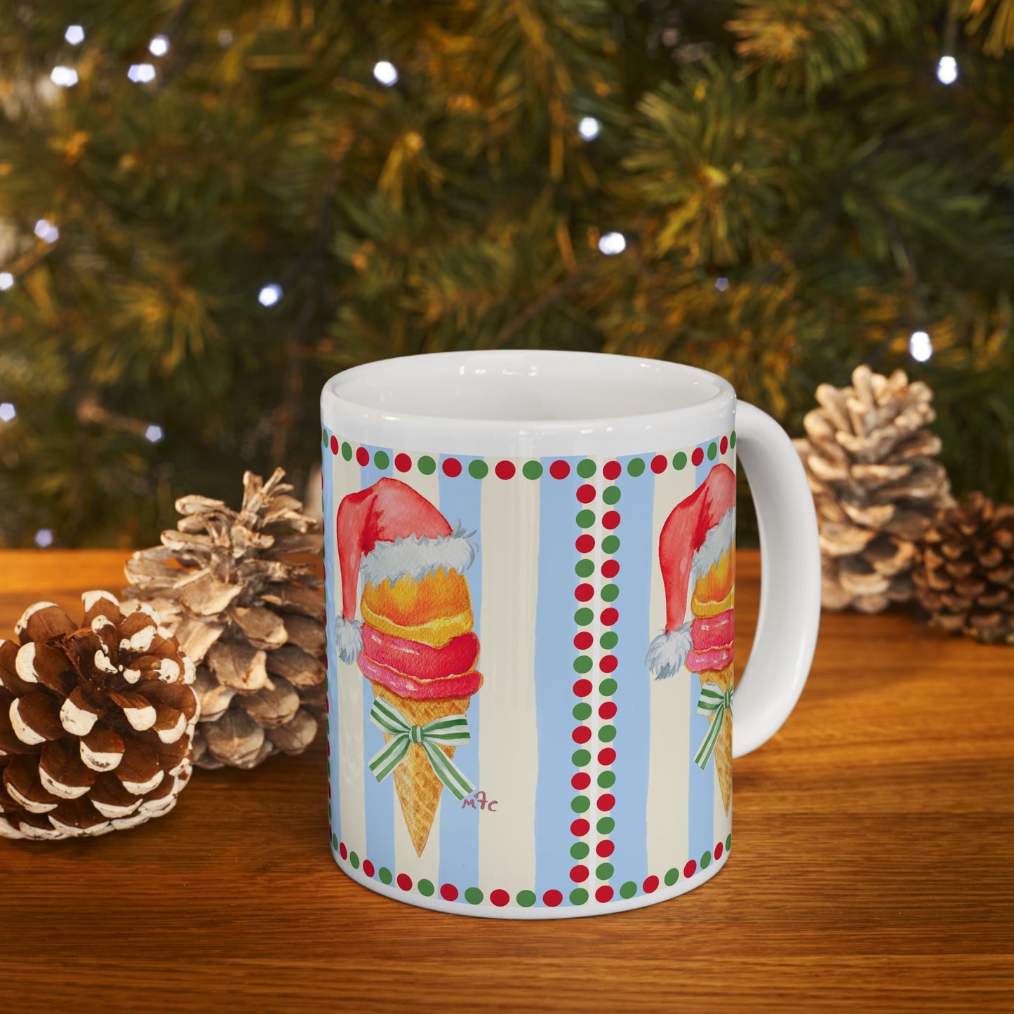 Santa's Ice Cream Cone Festive Coffee Mug - Christmas Mug, Holiday Gift, Cute Ceramic Cup, Winter Decor, Fun Coffee Mug, Ice Cream Lover Gift  (11 oz, 15oz)