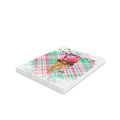 Ice Cream Cone Christmas Holiday Greeting Cards — Pack of 8/16/24, Festive Lights Plaid Note Cards