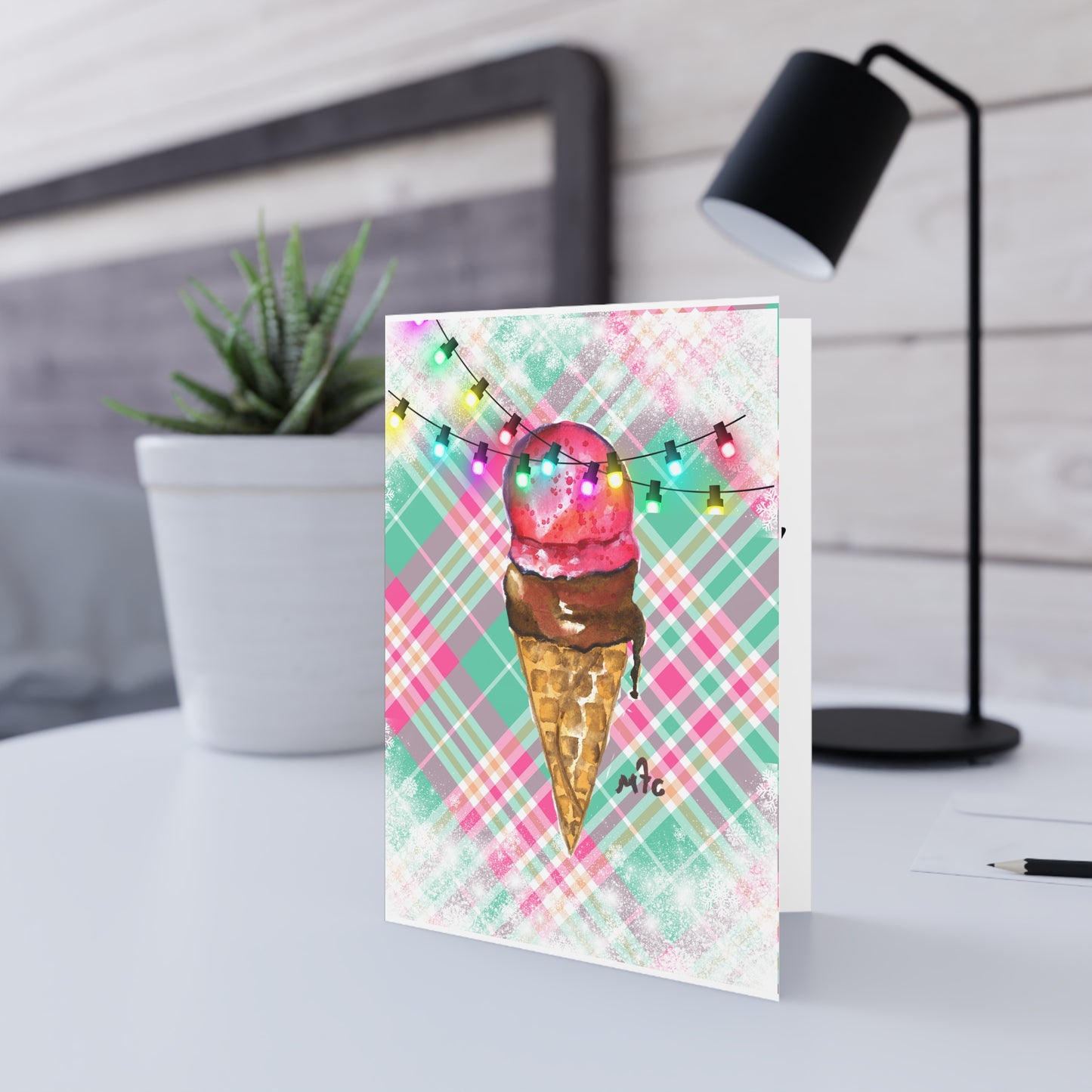Merry & Bright Whimsical Ice Cream Cone Christmas Greeting Card - Colorful Ice Cream Greeting Cards, Fun Christmas cards, Thank You Cards, Handmade Greeting Cards, Party Invites, Ice Cream Lover Gift