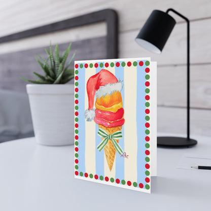 Santa's Ice Cream Cone Festive Holiday Greeting Card - Festive Ice Cream Greeting Cards, Holiday Cards, Birthday Cards, Christmas Cards, Unique Note Cards, Party Invitations, Ice Cream Lover Gifts