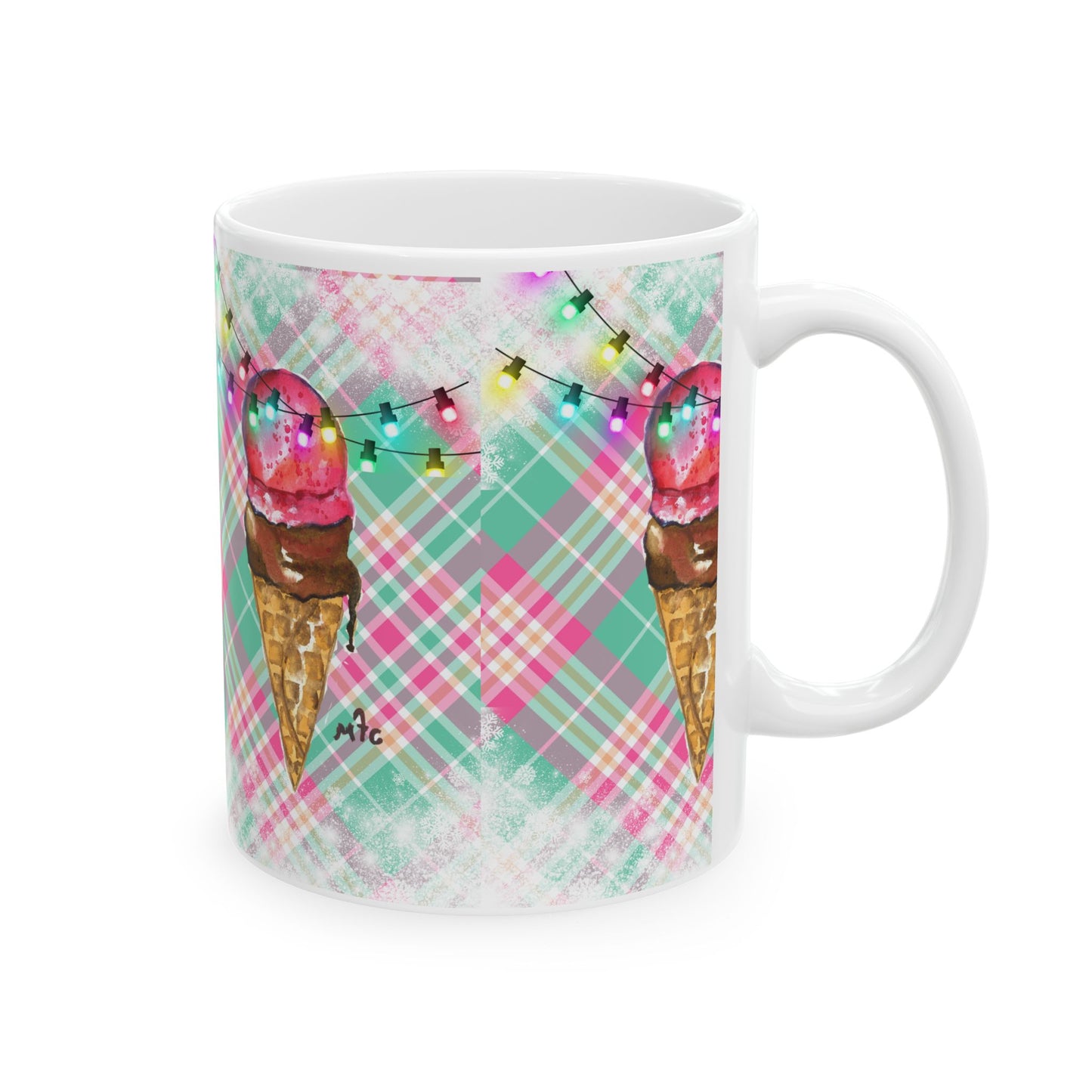 Merry & Bright Whimsical Ice Cream Cone Christmas Ceramic Mug | Cute Coffee Cup | Gift for Ice Cream Lovers | Summer Vibes | Fun Home Decor | 11oz, 15oz