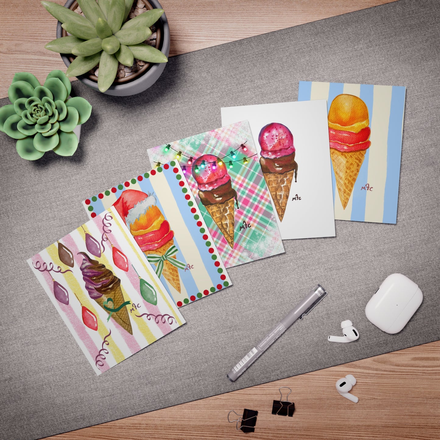 Ice Cream Holiday Greeting Cards — 5-Pack Assorted Scoops (Blank Inside)