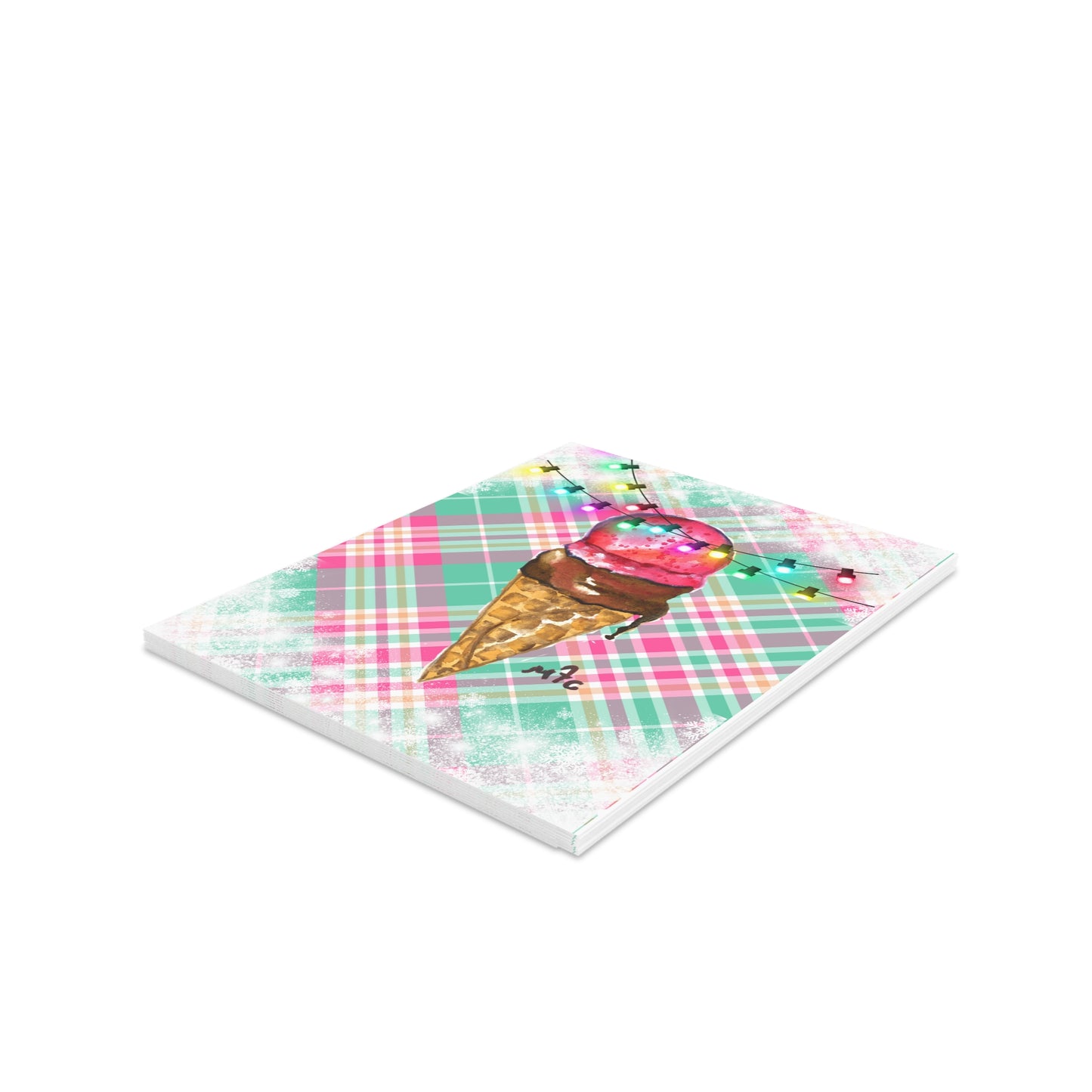Ice Cream Cone Christmas Holiday Greeting Cards — Pack of 8/16/24, Festive Lights Plaid Note Cards