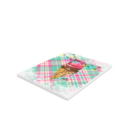 Ice Cream Cone Christmas Holiday Greeting Cards — Pack of 8/16/24, Festive Lights Plaid Note Cards