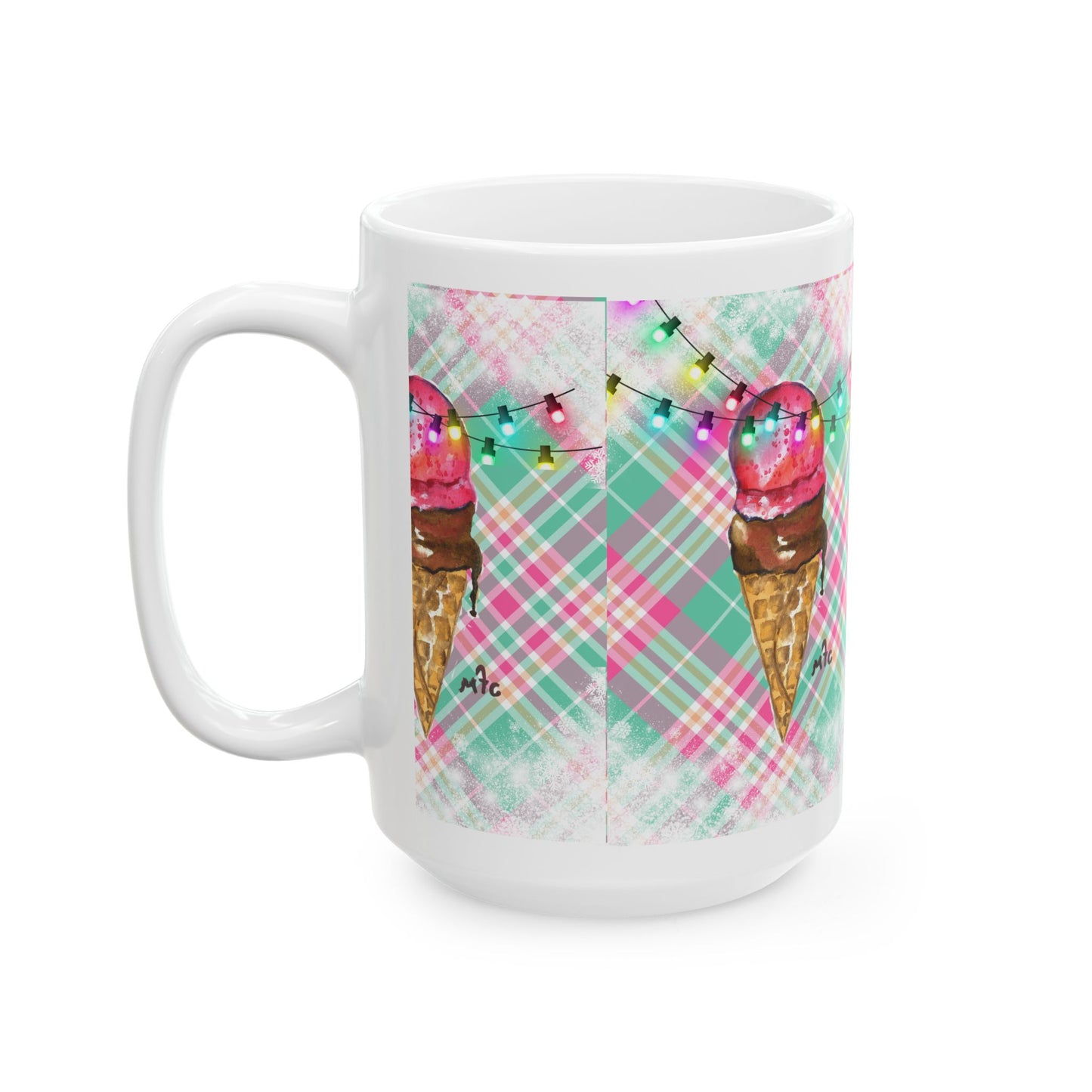 Merry & Bright Whimsical Ice Cream Cone Christmas Ceramic Mug | Cute Coffee Cup | Gift for Ice Cream Lovers | Summer Vibes | Fun Home Decor | 11oz, 15oz