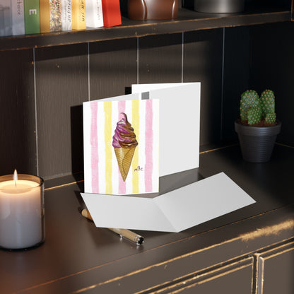 Ice Cream Cone Greeting Cards — Sweet Dreams Watercolor Striped Note Cards (8/16/24 pcs) - Colorful Ice Cream Cone Greeting Cards, Summer Cards, Birthday Invitations, Cute Note Cards, Sweet Treat Cards, Cape Cod Art Cards