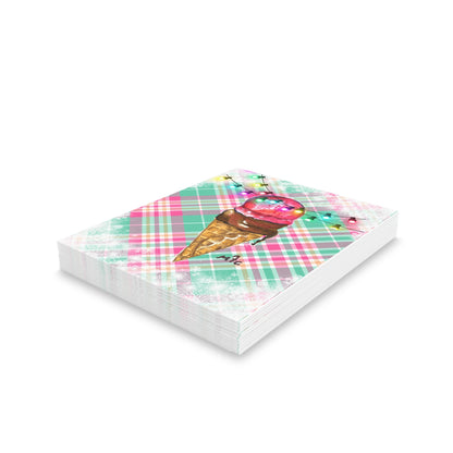 Ice Cream Cone Christmas Holiday Greeting Cards — Pack of 8/16/24, Festive Lights Plaid Note Cards