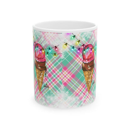 Merry & Bright Whimsical Ice Cream Cone Christmas Ceramic Mug | Cute Coffee Cup | Gift for Ice Cream Lovers | Summer Vibes | Fun Home Decor | 11oz, 15oz